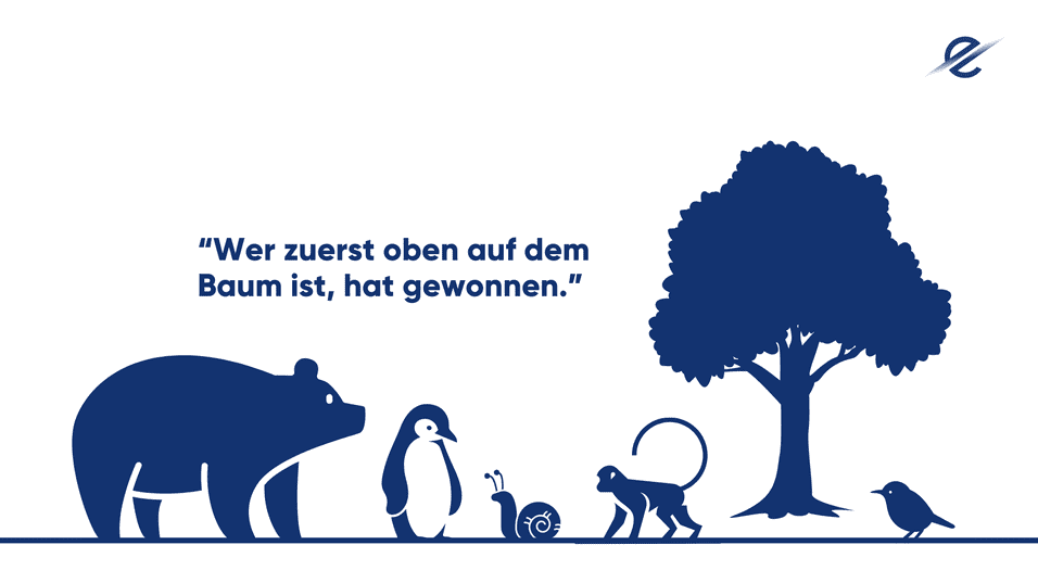 Illustration von Tieren: Bär, Pinguin, Schnecke, Affe, Vogel und Baum mit dem Spruch: „Wer zuerst oben auf dem Baum ist, hat gewonnen.“