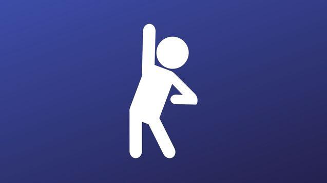 Grafische Darstellung einer stilisierten Person, die mit einem Arm zur Seite greift, auf dunkelblauem Hintergrund.