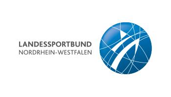 Logo des Landessportbundes Nordrhein-Westfalen mit einem blauen Kreis und grafischen Linien in Weiß.
