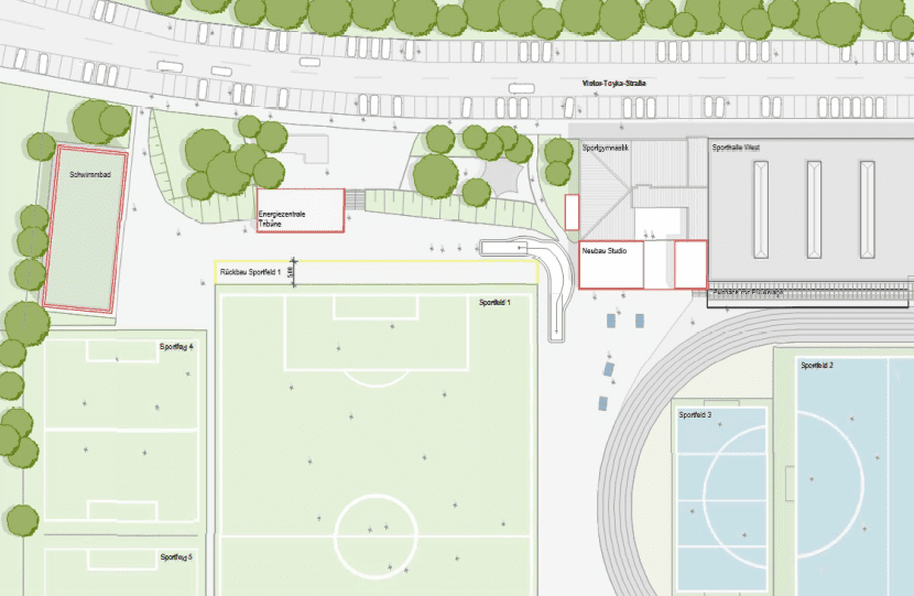 Stadtplan mit Sportst&auml;tten, Schwimmbad und Energietr&auml;ger, umgeben von B&auml;umen und Parkpl&auml;tzen.