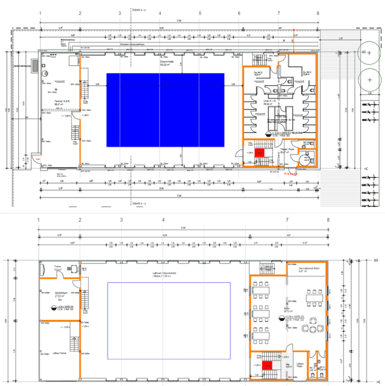 Bauplan mit zwei Etagen: oben Schwimmbecken in blau, unten mit Besprechungsr&auml;umen und offenen Fl&auml;chen in orange.