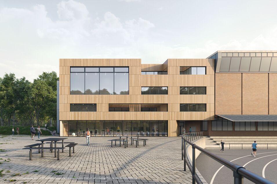 Moderne Schulgebäude mit großen Fenstern, umgeben von Bäumen und einem Freiplatz mit Sitzgelegenheiten.